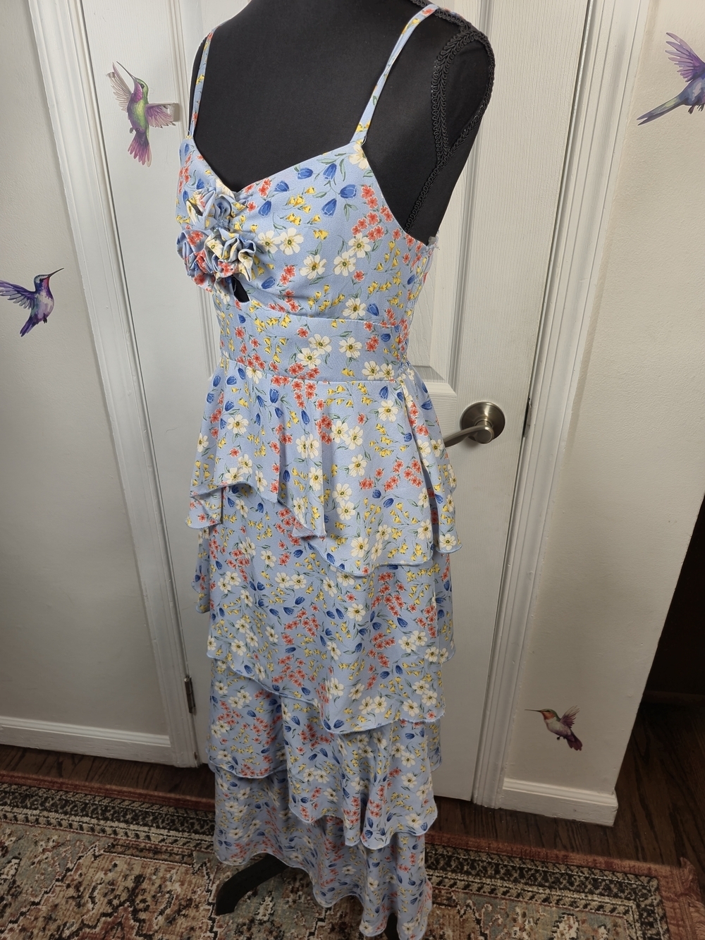 NWOT Charlotte Russe Blue Floral Tiered Ruffle Maxi Sundress Bohemian Small - Picture 4 of 7